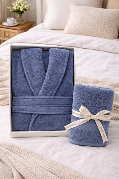 Özdilek Μοντέρνο μπουρνούζι Şalyaka + πετσέτα κεφαλής - Σκούρο μπλε μέγεθος XL