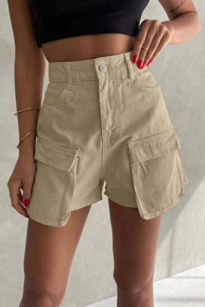 Ulino Μπεζ τζιν σορτς με λεπτομέρεια τσέπης τύπου cargo