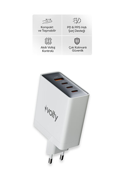 Volty Hızlı Şarj Adaptörü 100W GaN + Type-C Kablo 100W PD | 4 Port, iPhone & ...