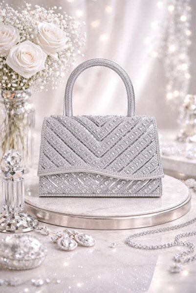 silora Women's Evening Gem Bag - Silver and Gold with Embossed Crystal Pattern