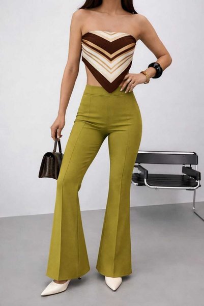 MODA GARDEN 35 Women's High Waist Spanish Flare Fabric Trousers Black Brown Green Stylish
