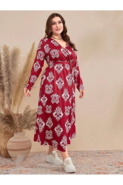 Iuliashop Babli Long Red Dress with White Print - Plus Sizes - 44