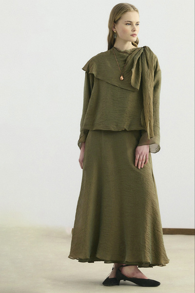 Lale Butik Kadriye Baştürk Shawl Collar Shirt Skirt Set 420 Olive Green