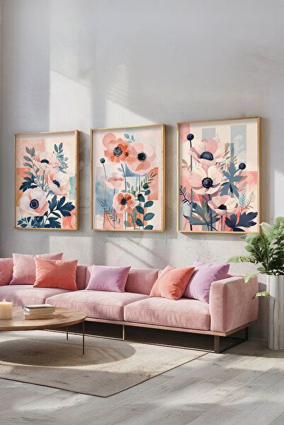 STARYUNA Wooden Framed Flower Themed Pastel Colored Triple Painting Set Ucyun...