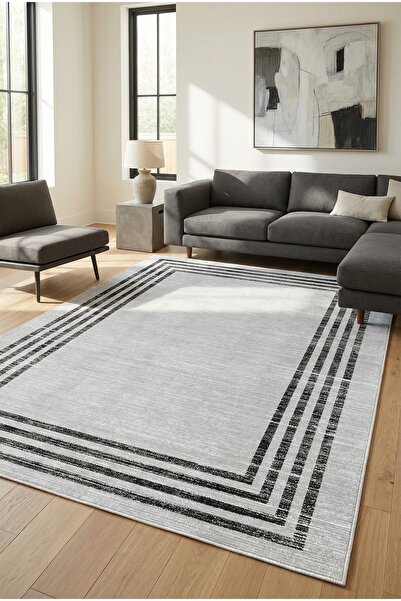 VOPTEKS Gri Siyah Halı Salon Halısı Makinede Yıkanabilir Halı Kaymaz Taban Halı