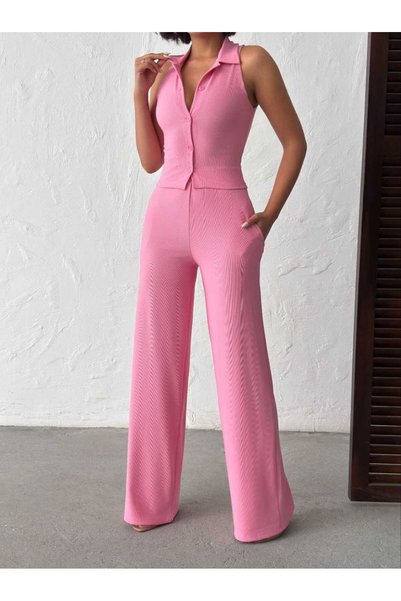 MODA GARDEN 35 Women's Black Pink Yellow Stylish Summer Pants Set Sleeveless Crop Blouse Wide Leg