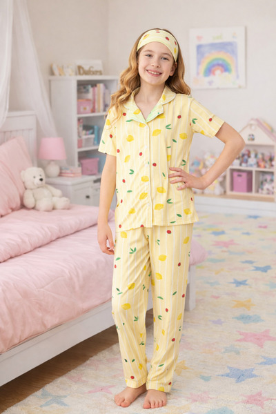 zahider Κοριτσίστικο καλοκαιρινό κοντομάνικο σετ πιτζάμες με σχέδιο λεμόνι κα...