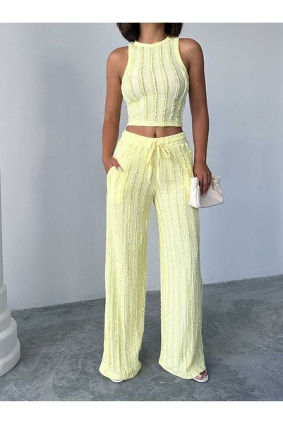 MODA GARDEN 35 Women's Black Pink Yellow Ribbed Crop Blouse Pants Set High Waist Wide Leg Summer Wear
