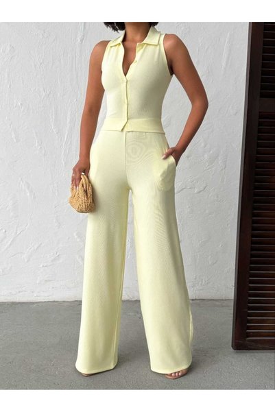 MODA GARDEN 35 Women's Black Pink Yellow Stylish Summer Pants Set Sleeveless Crop Blouse Wide Leg