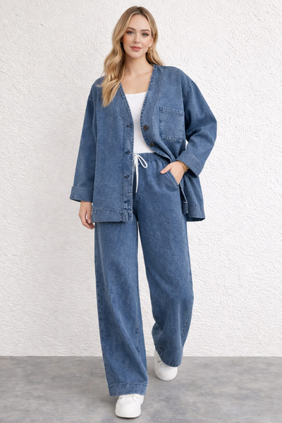 Modanewnice Women's Oversize Jacketed Jean Set, Wide Leg, Casual Comfortable ...