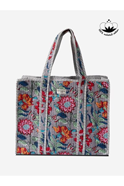 Strippe Floral Desenli Gri Pamuklu Kumaş Günlük Omuz Çantası - Tote Bag