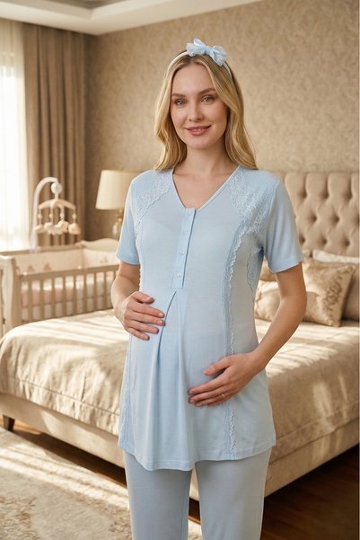 Pelin Women's Jacquard Shawl Collar Maternity 3-Piece Pajama Set