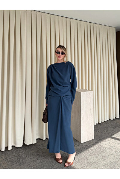 Laluvia Σετ Μπλούζα και Φούστα σε Ναυτικό Μπλε με Ντραπέ Σχέδιο - 0674