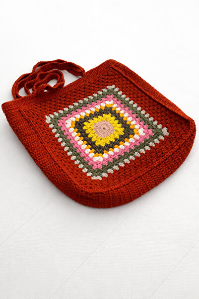 örgü El Örgüsü Granny Square Desenli Tarçın Rengi Omuz Çantası El Yapımı Kadı...