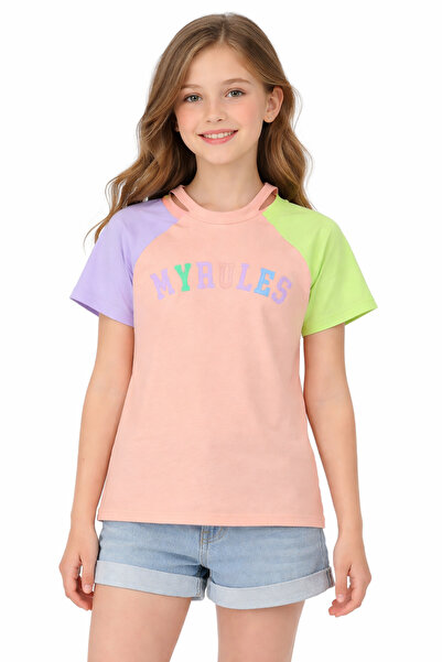 İrem Çocuk Giyim Girl's My Rules Text Patterned Color Block Orange Color T-Shirt