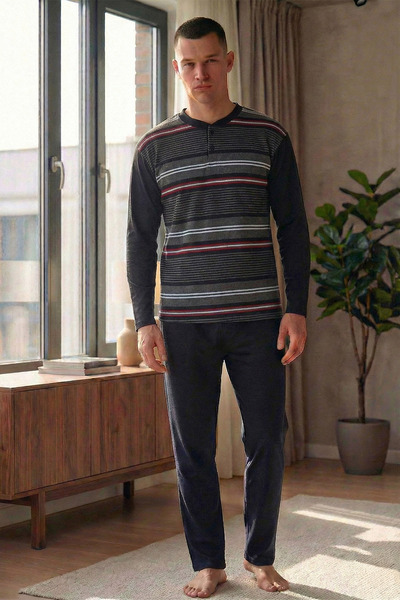 Niket Life Men's Interlock Long Sleeve Collar Two Button Horizontal Line Patt...