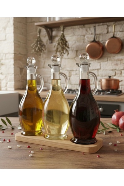 handanca 3’lü 500 ml Cam Yağlık ve Sosluk Seti, Dekoratif Kristal Tıpalı, Kul...