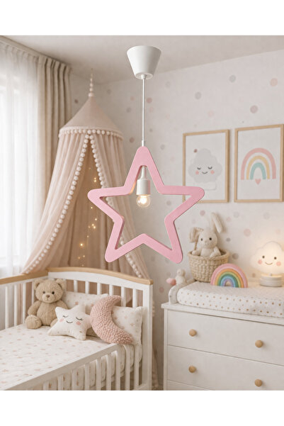 Jaju Baby Pembe Yıldız Çocuk Odası Avize - 45x45 cm | Dekoratif Sarkıt Aydınl...