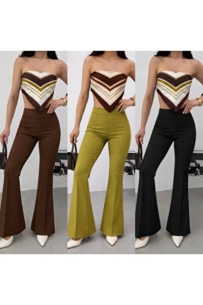 MODA GARDEN 35 Women's High Waist Spanish Flare Fabric Trousers Black Brown G...