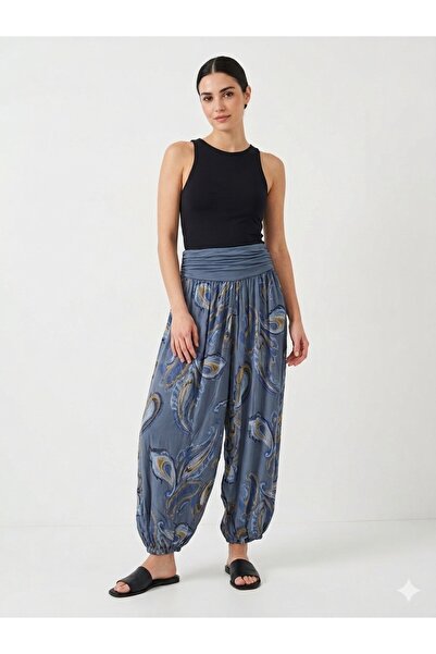 della moor Women's Blue Italian Ethnic Patterned Shawl Trousers 40 - 46 Size