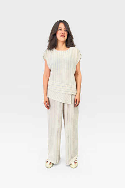 LAbute Asymmetrical Cut Striped Linen Blouse and Pants Set