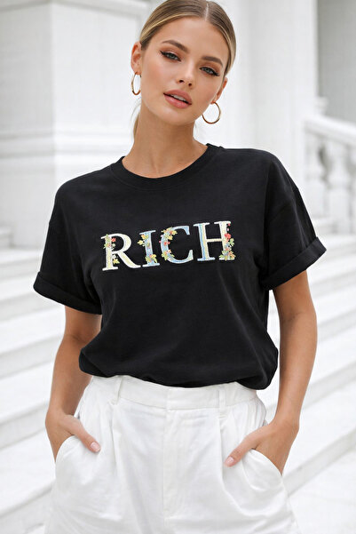 Rich Women's Black 100% Cotton Embroidered Crew Neck T-Shirt