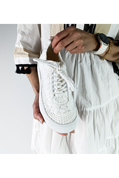 GDT Ayakkabı White Color Lace-Up Women's Sneakers Knitwear Knitted Sports Shoes
