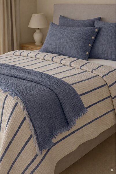 VERONİCA LİNE 8 Kat Müslin Çift Yönlü Yatak Örtüsü + Yastık Kılıfı Set 240x260