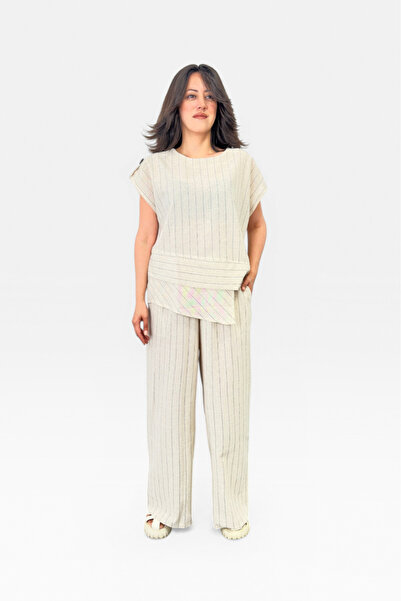 LAbute Asymmetrical Cut Striped Linen Blouse and Pants Set