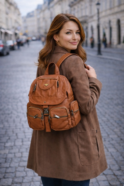 Saria Moda Washable Faux Leather Medium Size Lined Multi-Compartment Backpack