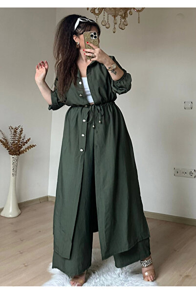 AZRA BUTİK Waist-Tied Tunic Set Khaki