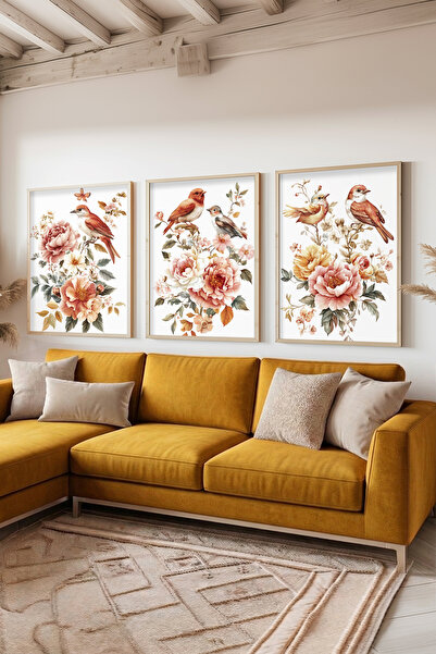 STARYUNA Wooden Framed Bird and Flower Themed Pastel Triple Painting Set Ucyu...