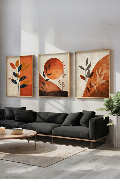 STARYUNA Wooden Framed Abstract Plant and Sun Themed Triple Painting Set Ucyu...