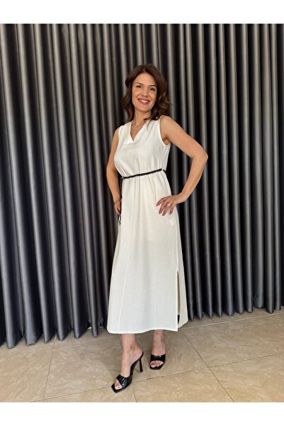 Kargın butik V Yaka Kemerli Keten Elbise