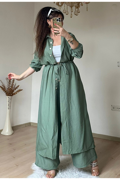 AZRA BUTİK Σετ τουνίκ με κορδόνια στη μέση, Νεροπράσινο