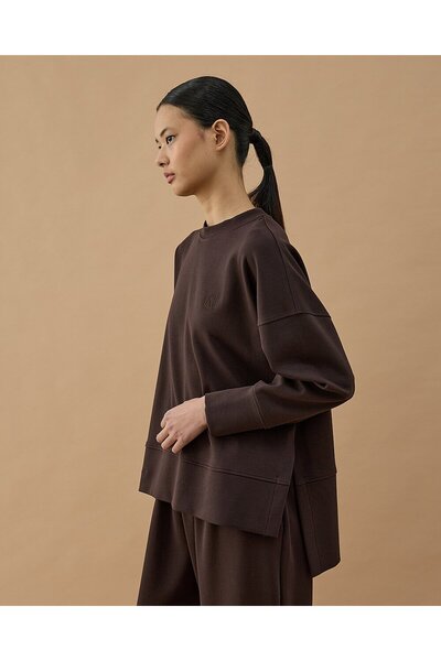 Aybikestil Premium Doubleface Yırtmaçlı Sweat Bluz Kahve