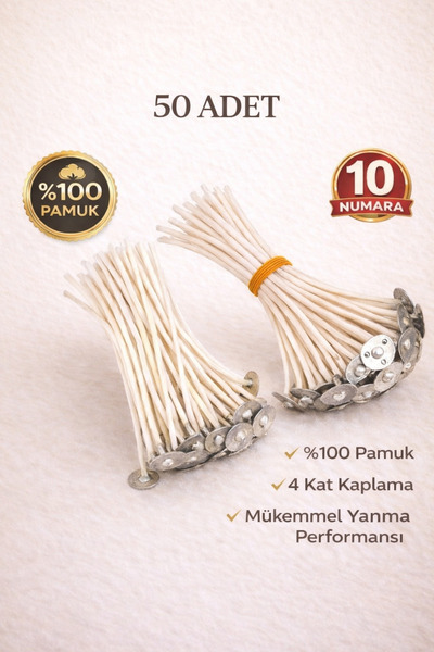 MUMTEDARİK M10 Mum Fitili 10 cm 50 Adet Hazır Fitil | %100 Pamuk Metal Tabanl...