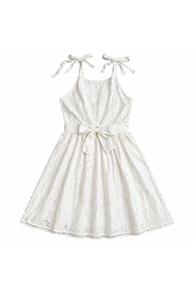 Lika Girl's White Cotton Perforated Scallop Strap Dress Ecru 41201