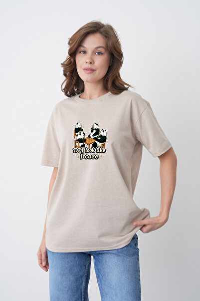 TREND EMMODA Tricou de damă din bumbac, bej, cu guler rotund, cu imprimeu amu...