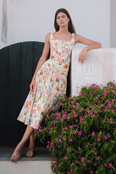 Dahlia Bianca Maxine Çiçek Desenli Keten Bluz