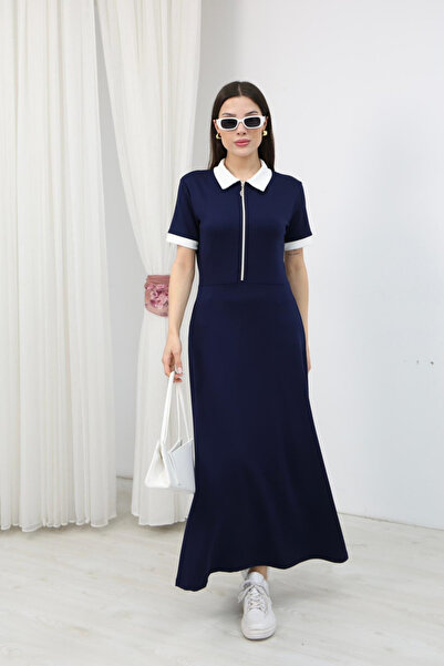 moda poni Women's Polo Collar Zipper Detailed Navy Blue Dress