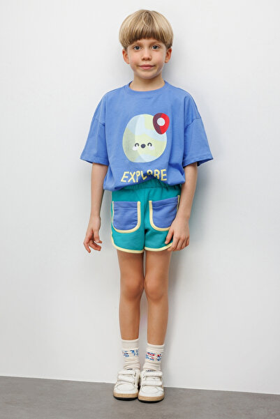 Le Mabelle Blue Patterned Children's T-Shirt and Shorts Two-Piece Set - Lole