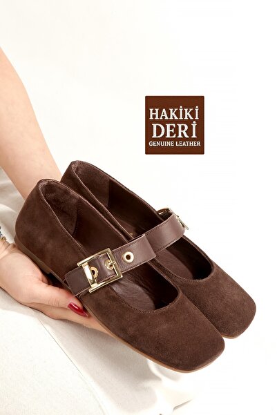 Modabuymus Dark Brown Color Genuine Suede Leather Mary Jane Buckle Ballerina ...