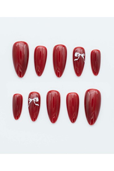 Nezlin Collection Lovely Red Ribbon Protez Jel Takma Tırnak - El Yapımı Kalıc...
