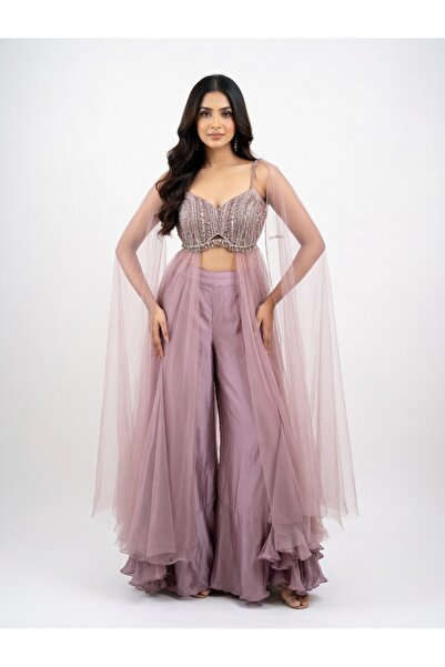 Bella Desi Pink Indo-western crop set with cape