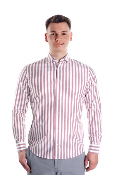 URSACHI Casual men's shirt, white with red stripes, cotton, with long sleeves...
