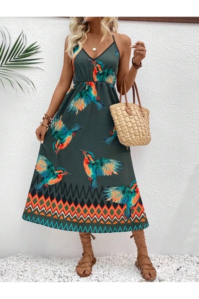Iuliashop Rochie lungă Taksim gri cu păsări multicolore - S