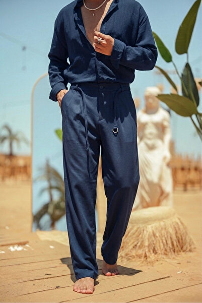 OUTFİT MAN Straight Bel Belted Classic Trousers Navy Blue