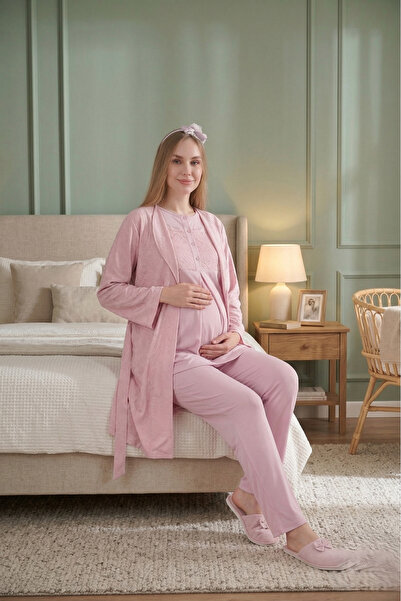 Pelin Women's Shawl Collar Jacquard Maternity 3-Piece Pajama Set