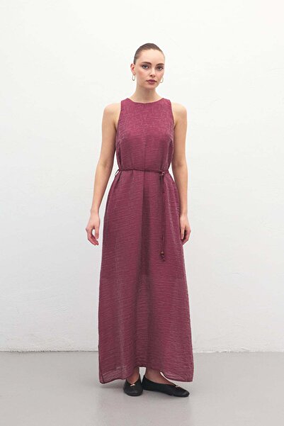 Sateen Μακρύ Φόρεμα με Λεπτομέρεια στη Ζώνη - Δαμασκηνί